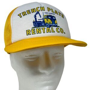 Vintage Trench Plate Rental Co Trucker Hat Baseball Cap 80s Roadwork Mesh Yellow